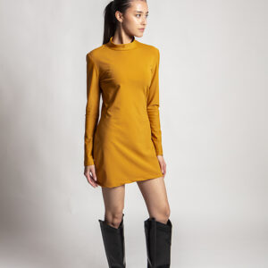 Geometric yellow jersey dress by Graffi — elastic and sculpted.