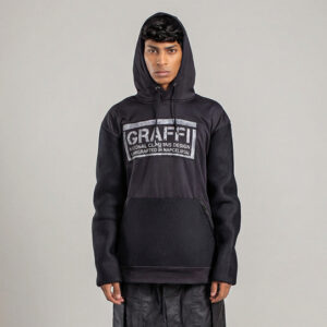 GRAFFI black technical hoodie with mesh panels and front logo, worn by male model