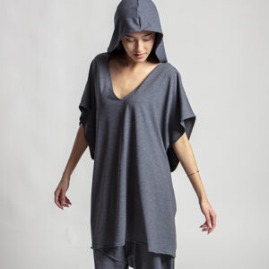 Dark grey unisex hood tee with relaxed fit and integrated hood – Graffi Flow Hood Tee worn by model in studio