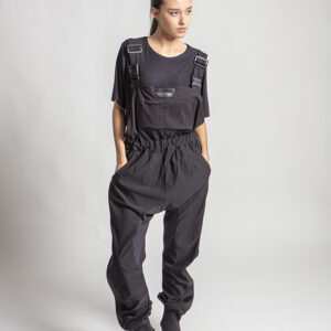 Black salopette overall by Graffi crafted in technical fabric.