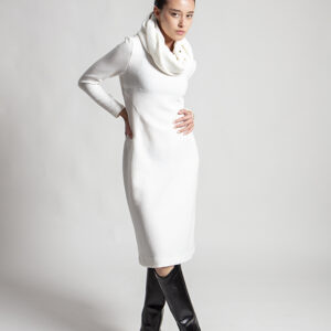 Sculpted high-neck wool dress in white by Graffi.