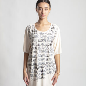 Oversized grey jersey women’s T-shirt with all-over hand-painted Blah Blah print, ultra-soft stretch fabric