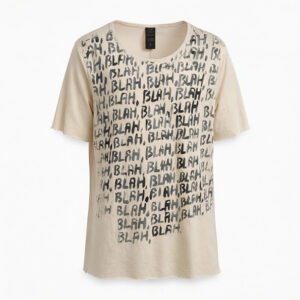 White hand-painted T-shirt with BLAH BLAH lettering — handmade one-of-one.