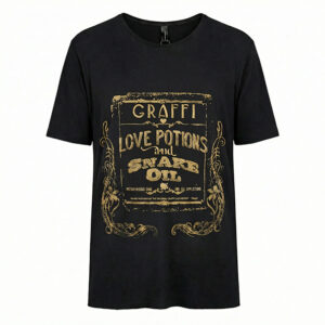 Black cotton jersey T-shirt with hand-painted Love Potions graphic — artisanal one-of-one
