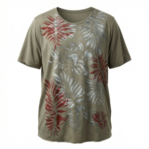 Army green Jungle T-shirt with hand-painted botanical artwork – handmade
