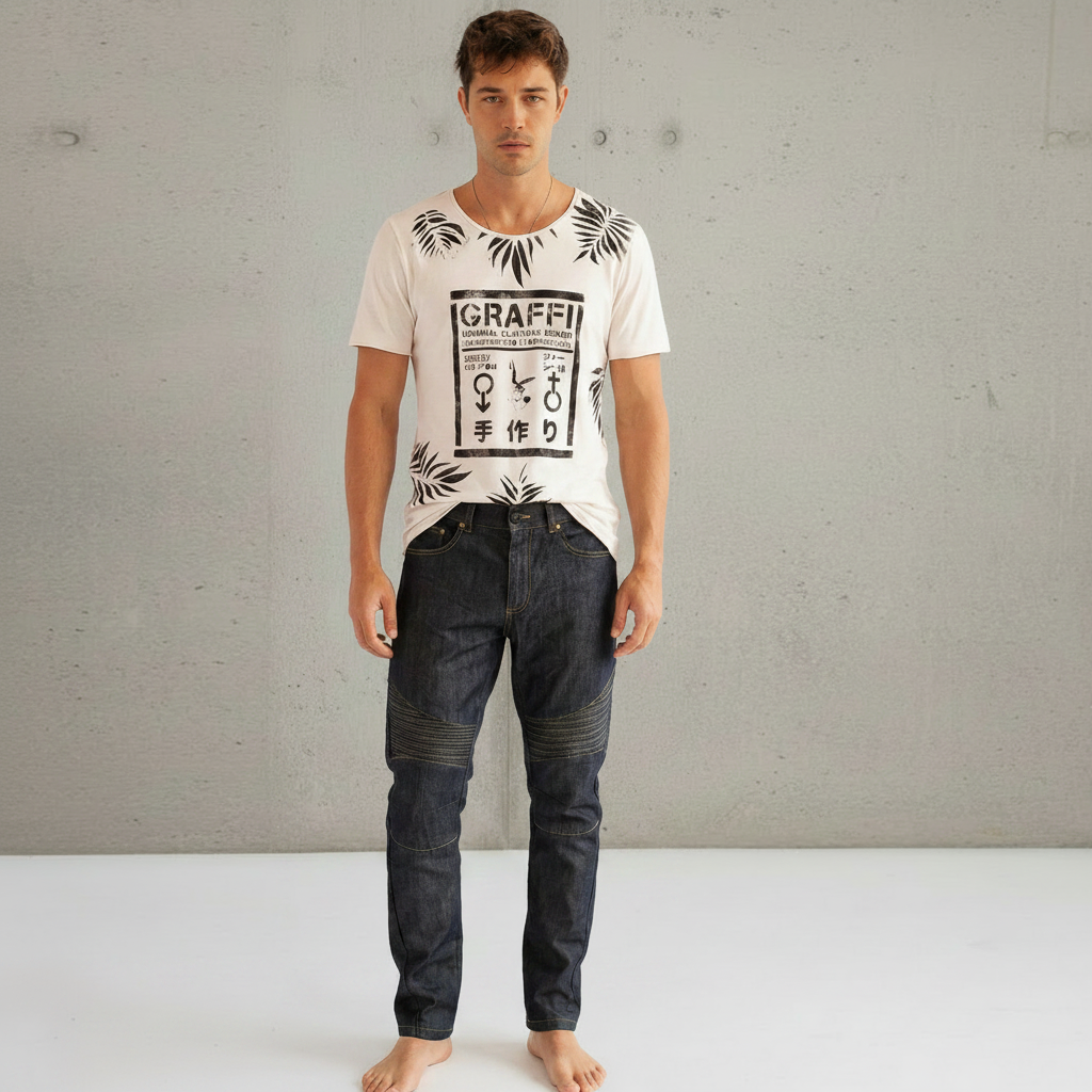 male model wearing Graffi t-shirt and lightweight pants in an industrial loft setting