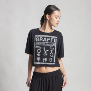 Woman wearing the Stamp Black handmade cropped T-shirt by GRAFFI with original hand-painted artwork