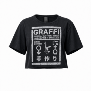 Woman wearing the Stamp Black handmade cropped T-shirt by GRAFFI with original hand-painted artwork