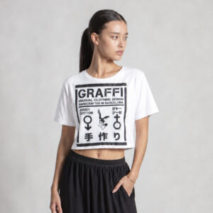 Woman wearing the Stamp White handmade cropped T-shirt by GRAFFI with original hand-painted artwork
