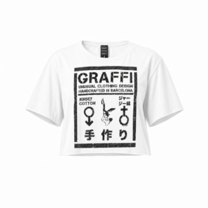 Woman wearing the Stamp White handmade cropped T-shirt by GRAFFI with original hand-painted artwork